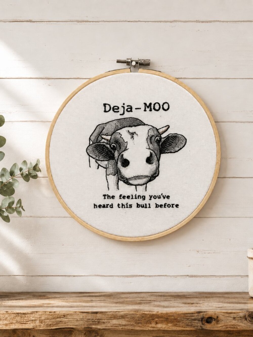 Deja-MOO Cow Embroidery Hoop Wall Art, 8 Inch Embroidery Decor